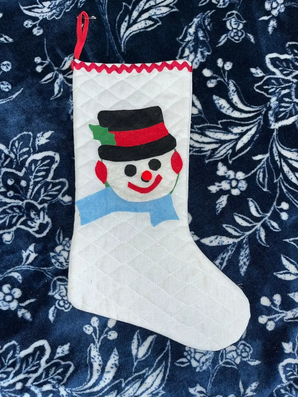 Vintage White Quilted Felt Christmas Stocking with an appliqué snowman design.